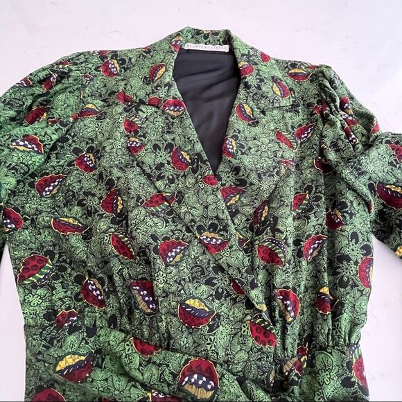 Vintage Stanley Platos green multi floral wrap tie waist blouse size 4 - Picture 9 of 13